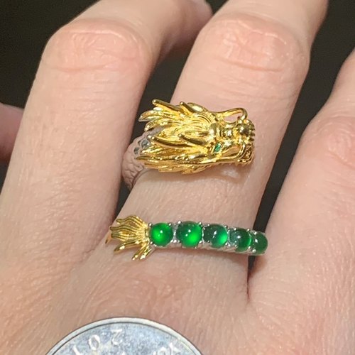 天然翡翠a货危料龙男女开口戒指925银镶嵌霸气精雕神龙摆尾招财戒