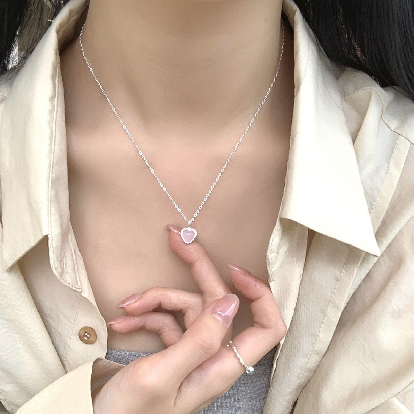 S925纯银甜美气质粉色爱心项链女小清新冰糖心精致韩版ins锁骨链