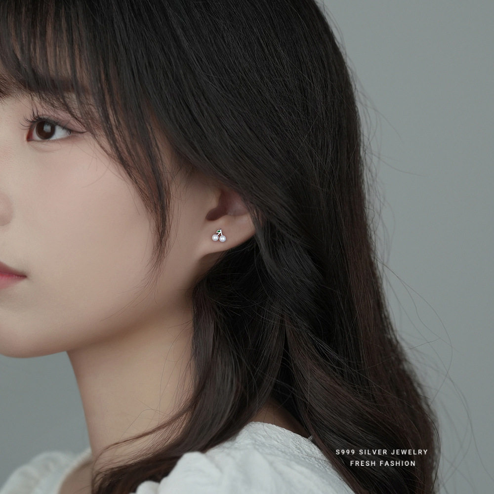 999足银圆珠樱桃耳钉女韩系小清