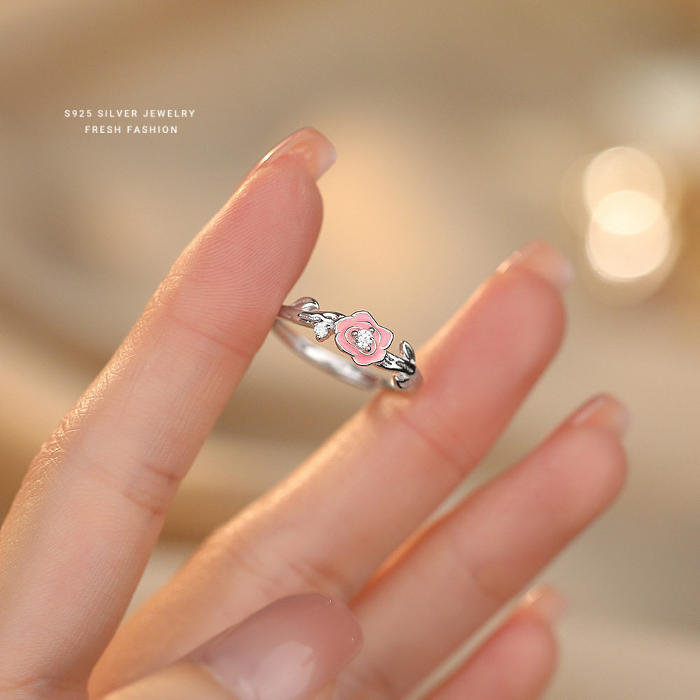 S925银玫瑰花夜光滴胶戒指女个性