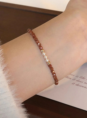 法式3mm缺面爆闪金砂石珍珠手链