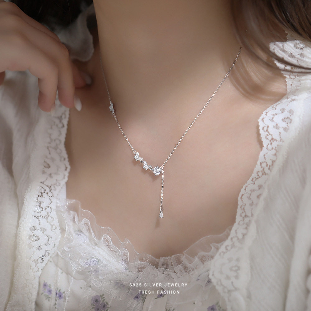 S925纯银锆石蝴蝶项链女款流苏韩