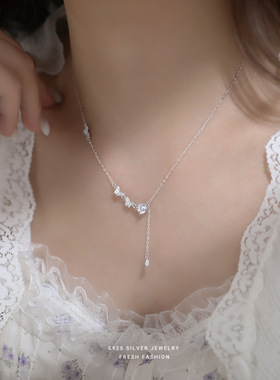 S925纯银锆石蝴蝶项链女款流苏韩