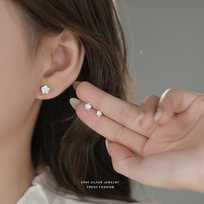 s999纯银四爪锆石花朵耳钉女2025