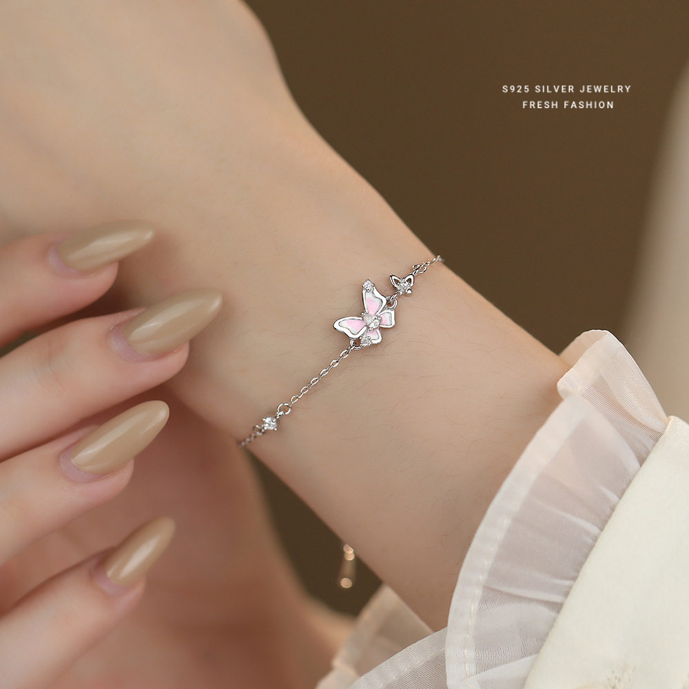 S925纯银樱花粉滴胶蝴蝶手链女小