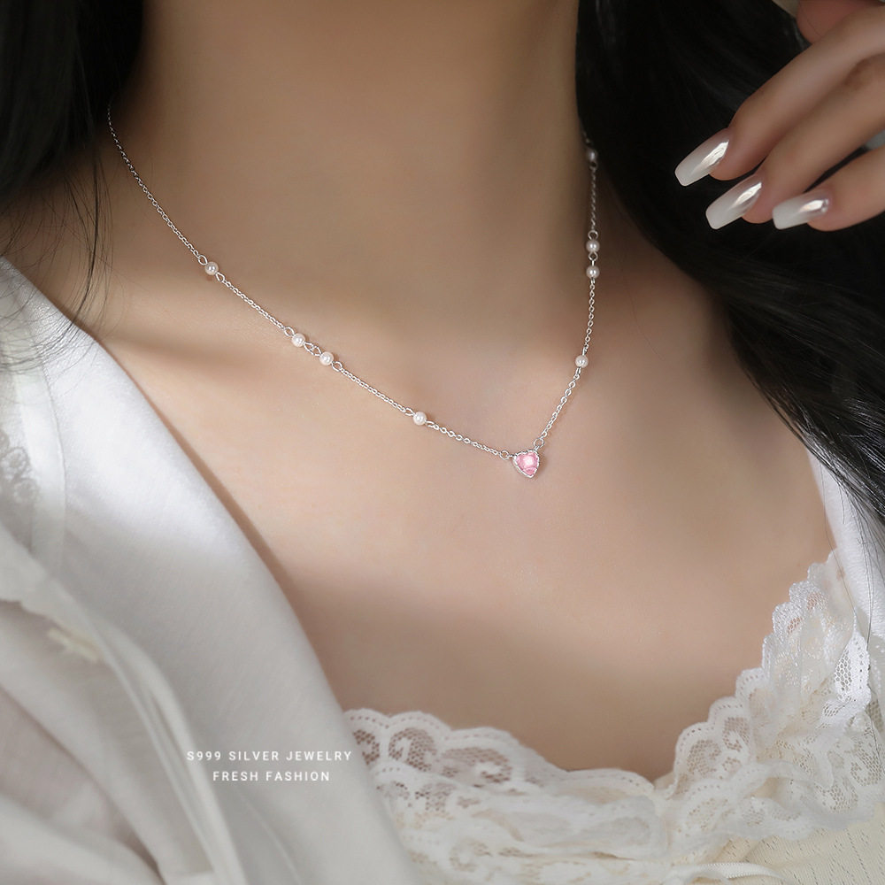 S999纯银甜美爱心珍珠项链女粉色