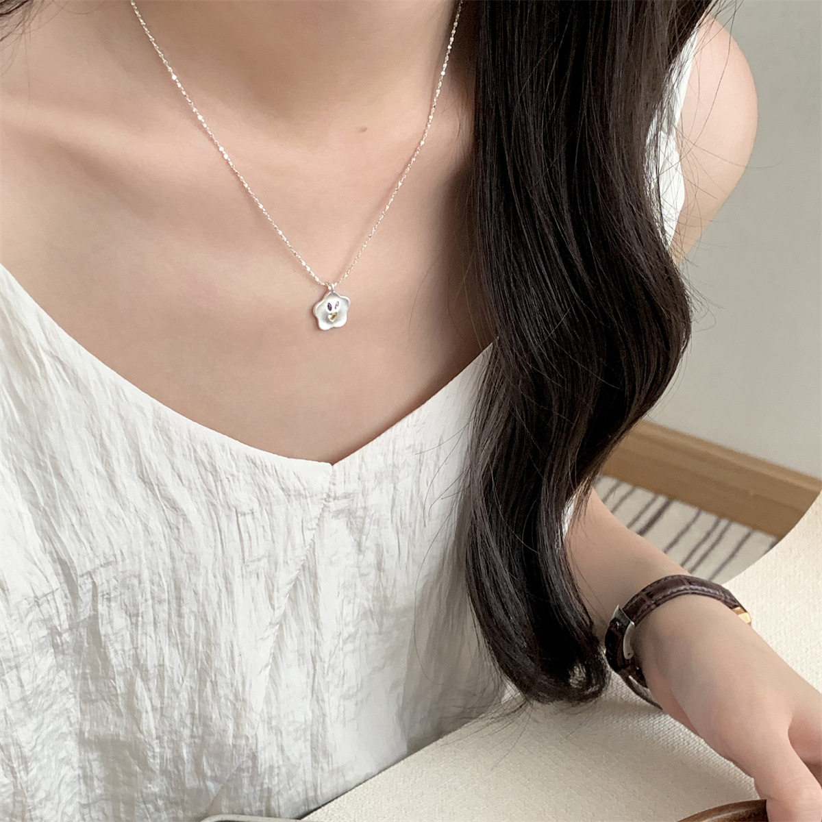 s925银花朵磨砂项链女小兔子彩钻