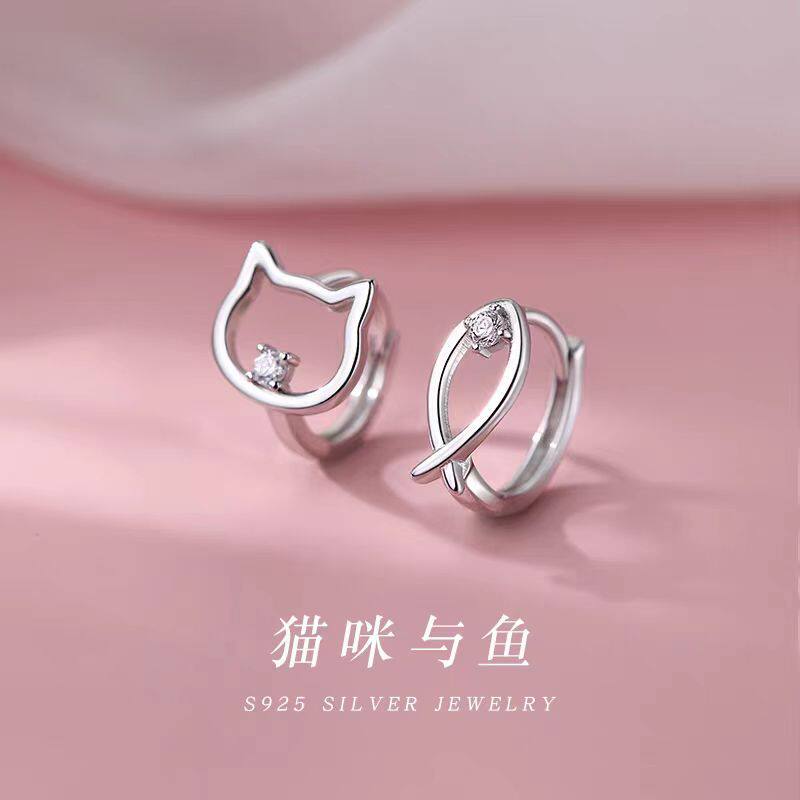 s925纯银不对称猫咪耳环甜美韩系
