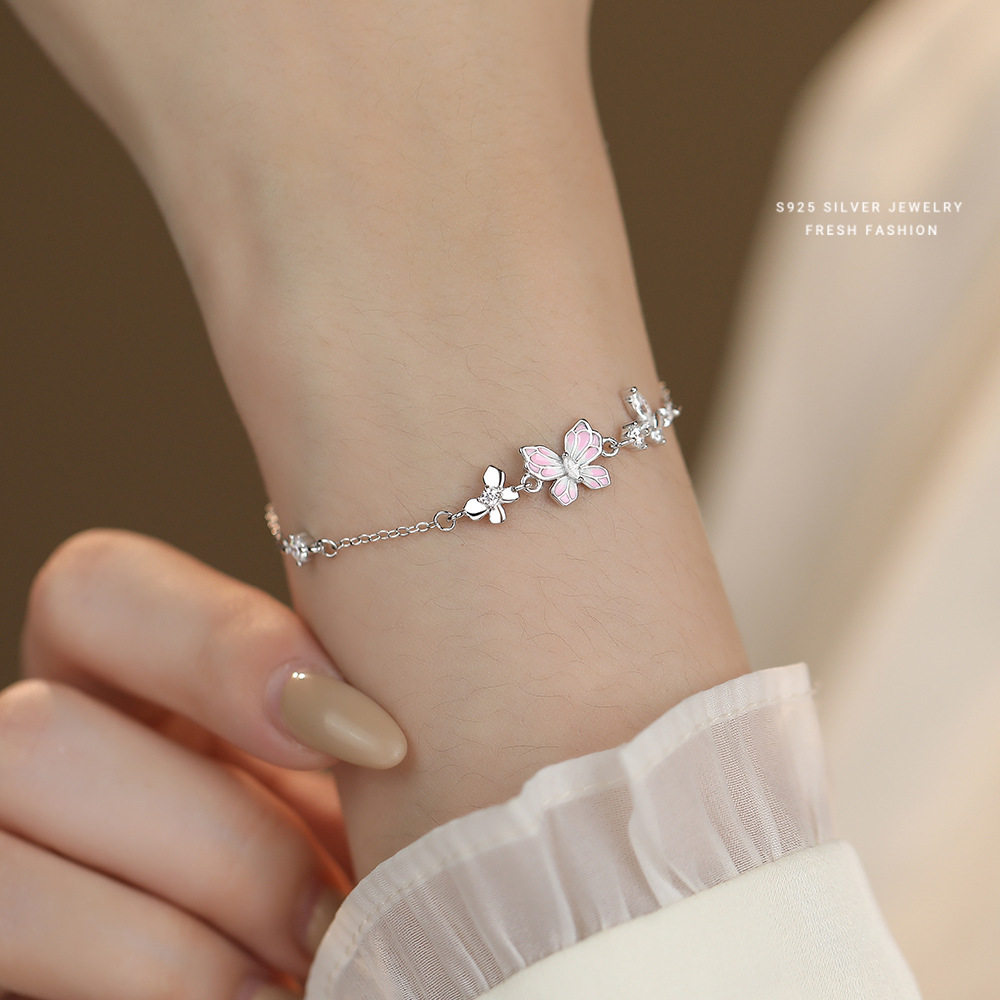 S925纯银粉色滴胶蝴蝶手链女小清