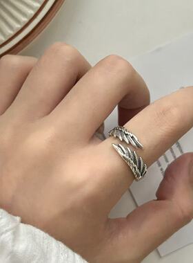 S925纯银翅膀羽毛男女戒指小众设