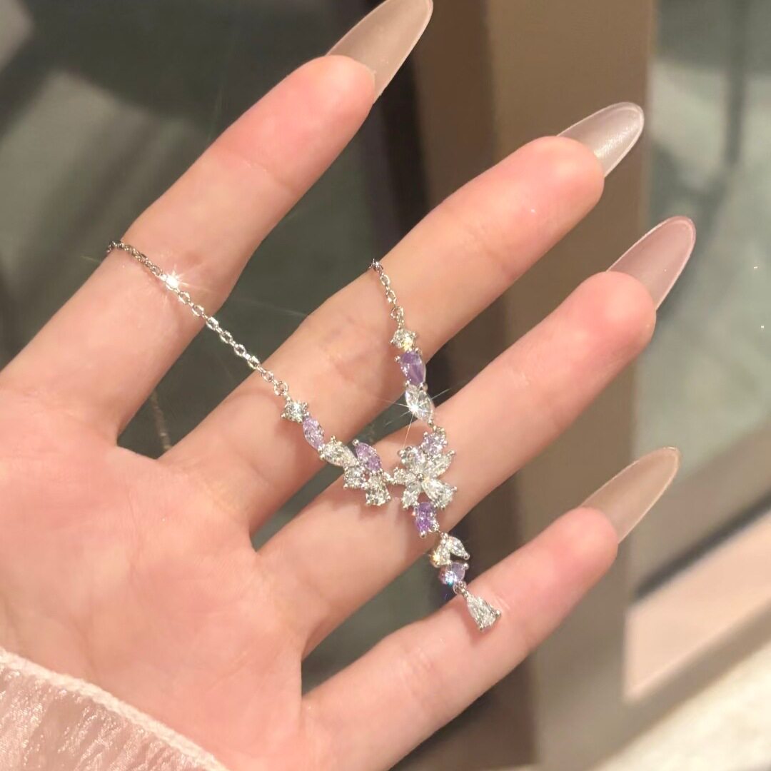 S999纯银项链女款紫藤花锆石锁骨
