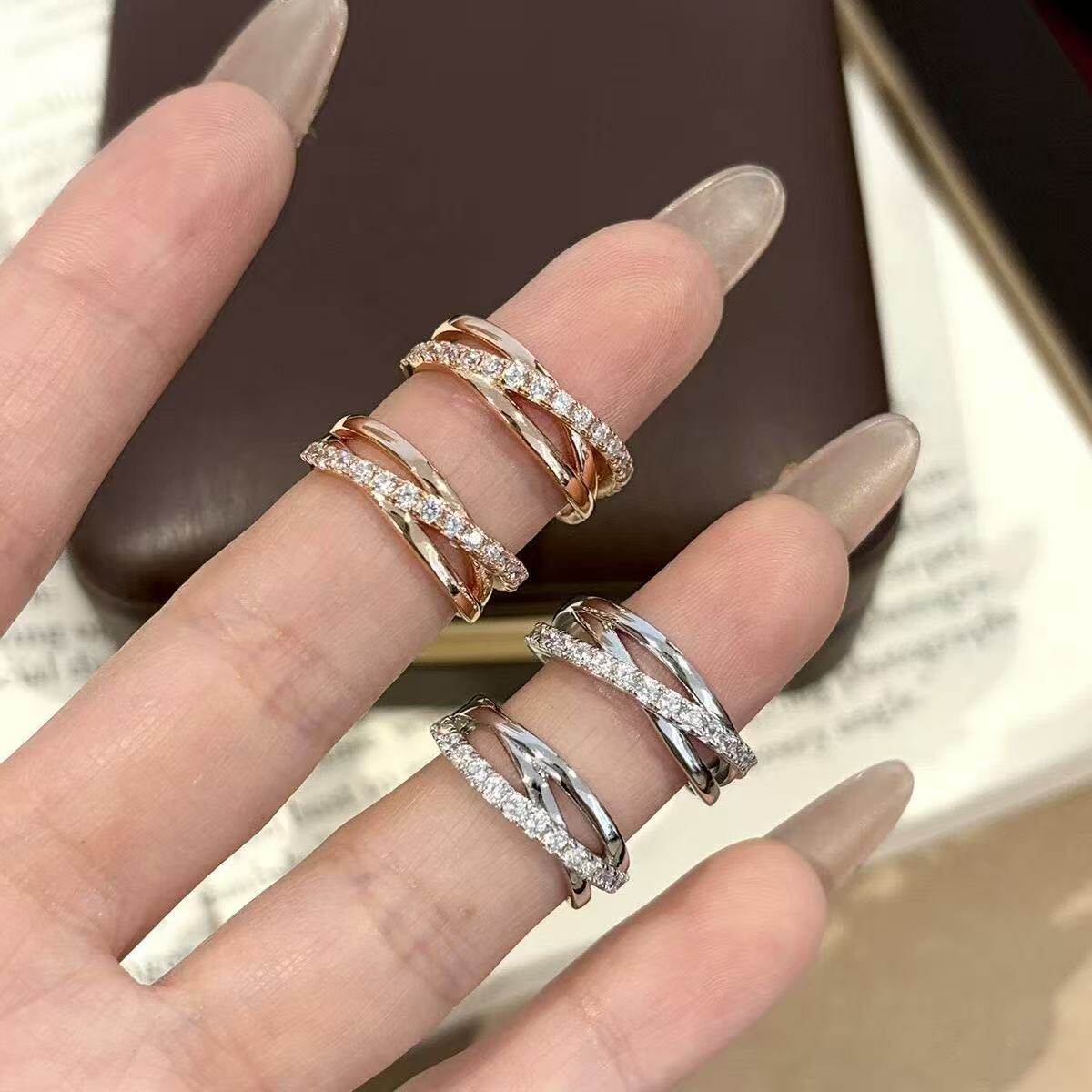 S925纯银镶钻缠绕环形线条戒指女