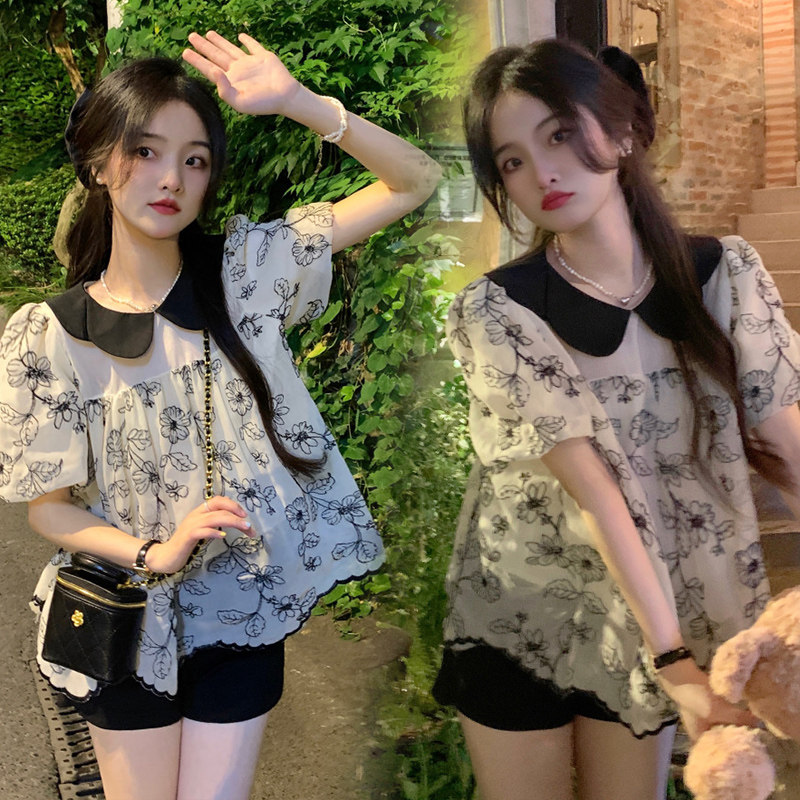 MATERNITY SUMMER 2023 NEW KOREAN VERSION SET DOLL COLLAR COLOR-BLOCKED TOP + BELLY SUPPORT SHORTS LOOSE TWO-PIECE SET