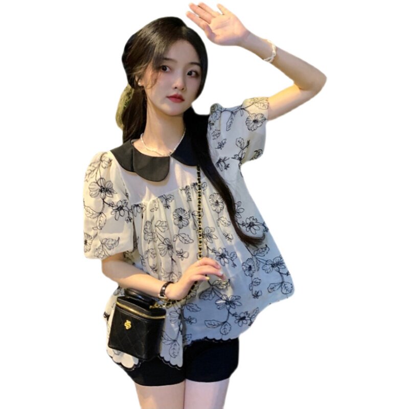 MATERNITY SUMMER 2023 NEW KOREAN VERSION SET DOLL COLLAR COLOR-BLOCKED TOP + BELLY SUPPORT SHORTS LOOSE TWO-PIECE SET