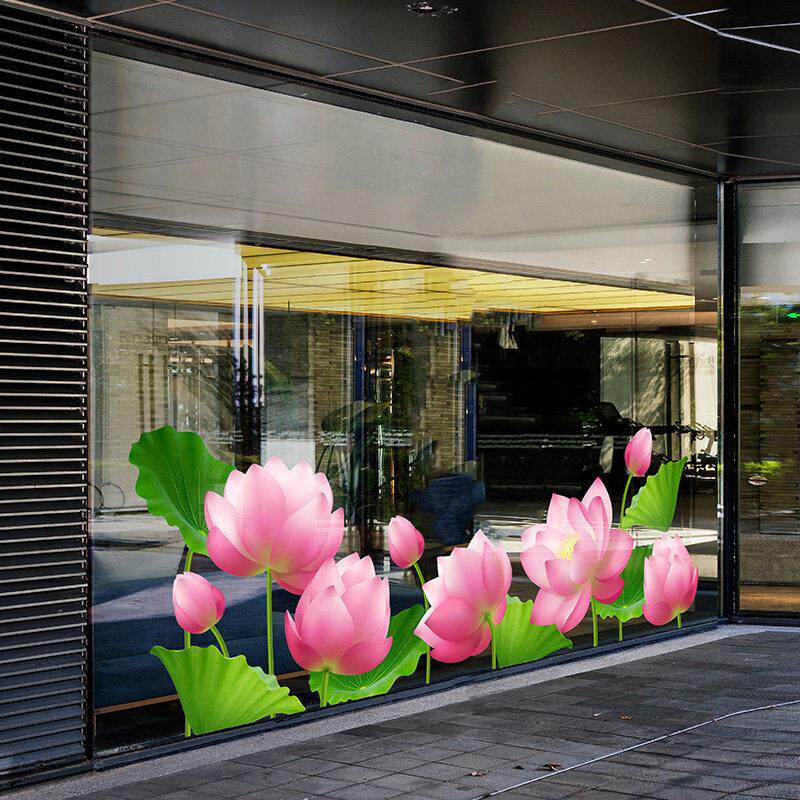 荷花中式餐厅装饰玻璃门阳台静电贴画田园换季服装店橱窗装饰贴画
