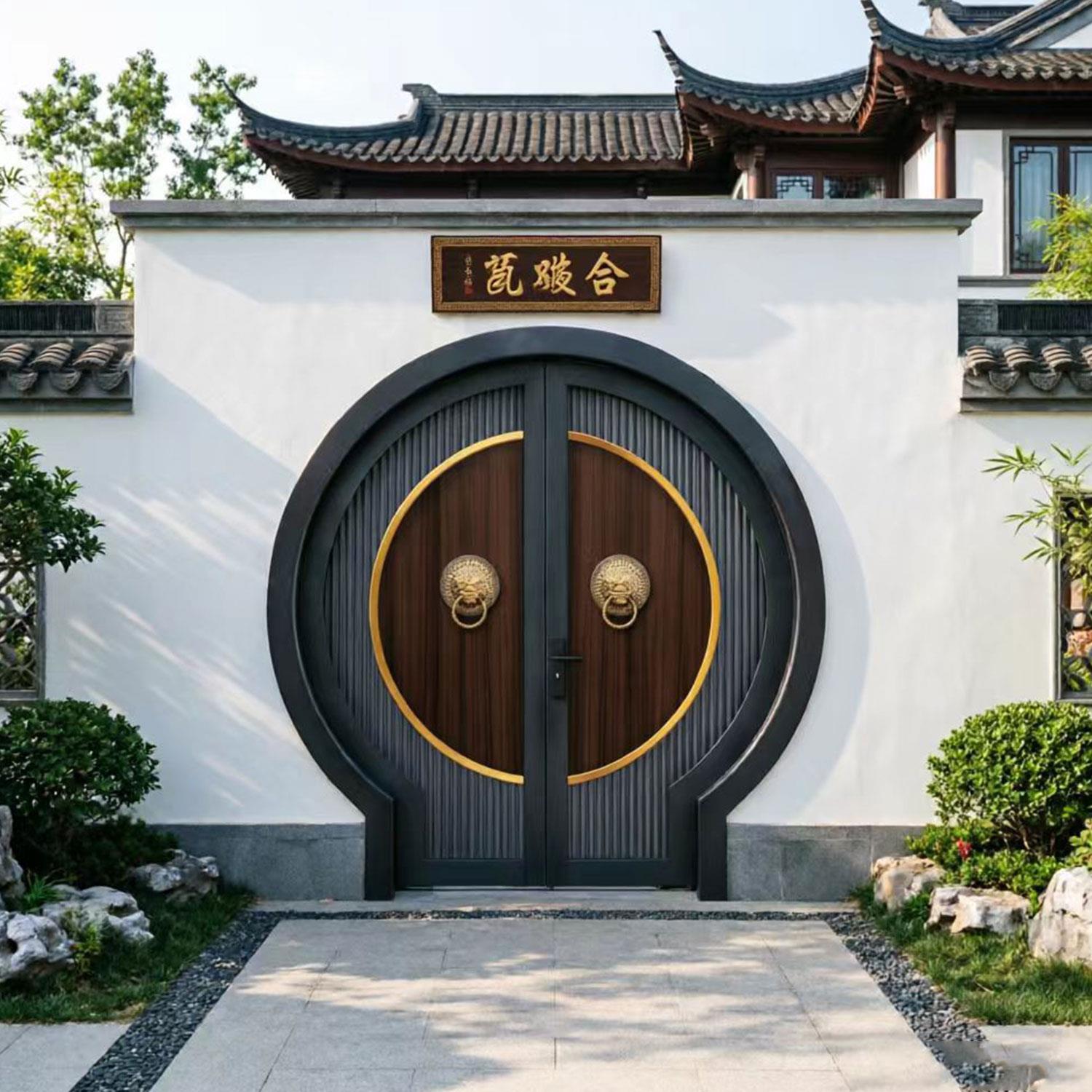 仿古木纹铝型材圆门新中式风庭院门农村自建房大门电动庭院门