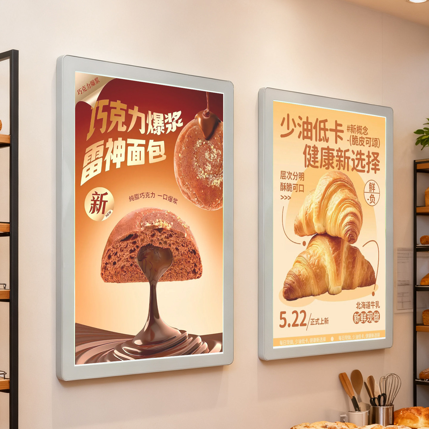 白色超薄灯箱广告牌悬挂发光磁吸餐饮展示牌室内LED圆角磁吸灯箱