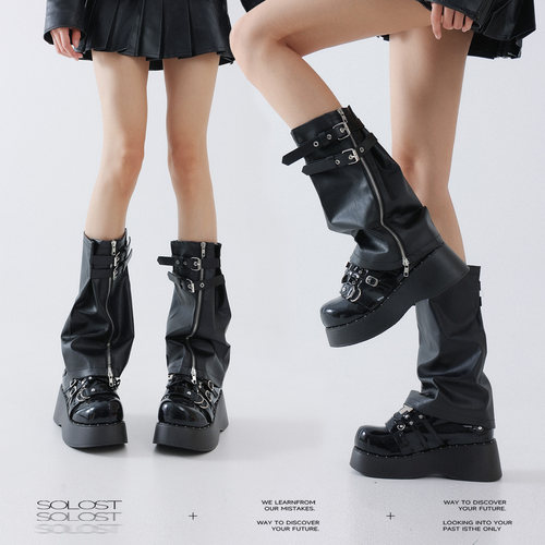 Solost黑色皮质拉链腿套女