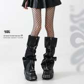 Solost 辣妹PU皮质拉链黑色腿套女朋克机能风裤 管套小众皮扣袜套