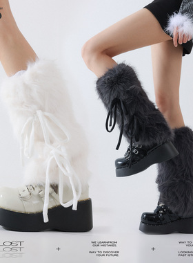 Solost 蝴蝶结毛毛腿套秋冬季保暖日系y2k复古辣妹显瘦白色袜套