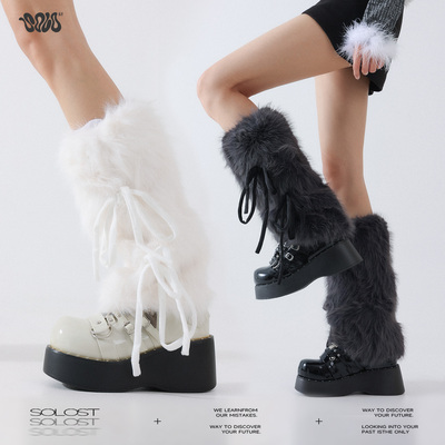 Solost蝴蝶结毛毛腿套秋冬保暖