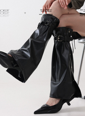 Solost 暗黑朋克风黑色腿套女金属皮扣辣妹穿搭微喇靴套皮质袜套
