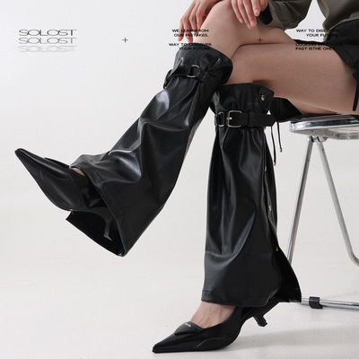 Solost 暗黑朋克风黑色腿套女金属皮扣辣妹穿搭微喇靴套皮质袜套