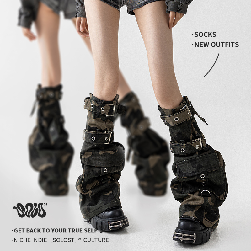 Solost 迷彩水洗做旧牛仔朋克腿套废土辣妹风绑带过膝春秋袜套女