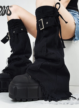 Solost 黑色辣妹亚文化y2k牛仔十字架腿套冬大码亚比朋克绑带袜套