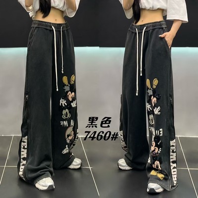 EUA 欧货2025秋季新款重工亮片米奇家族卫裤女宽松百搭休闲裤长裤