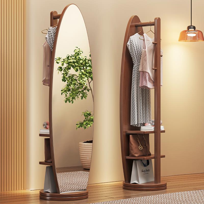 实木全身镜落地镜家用卧室可旋转移动全身镜子带挂衣架一体全身镜