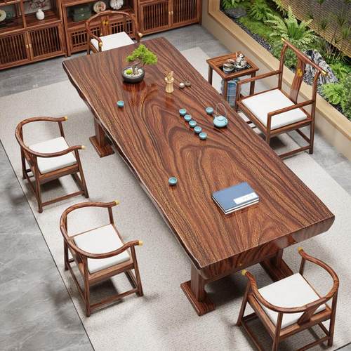 整板胡桃木大板茶桌椅组合一桌五椅新中式原木家用办公室实木茶台