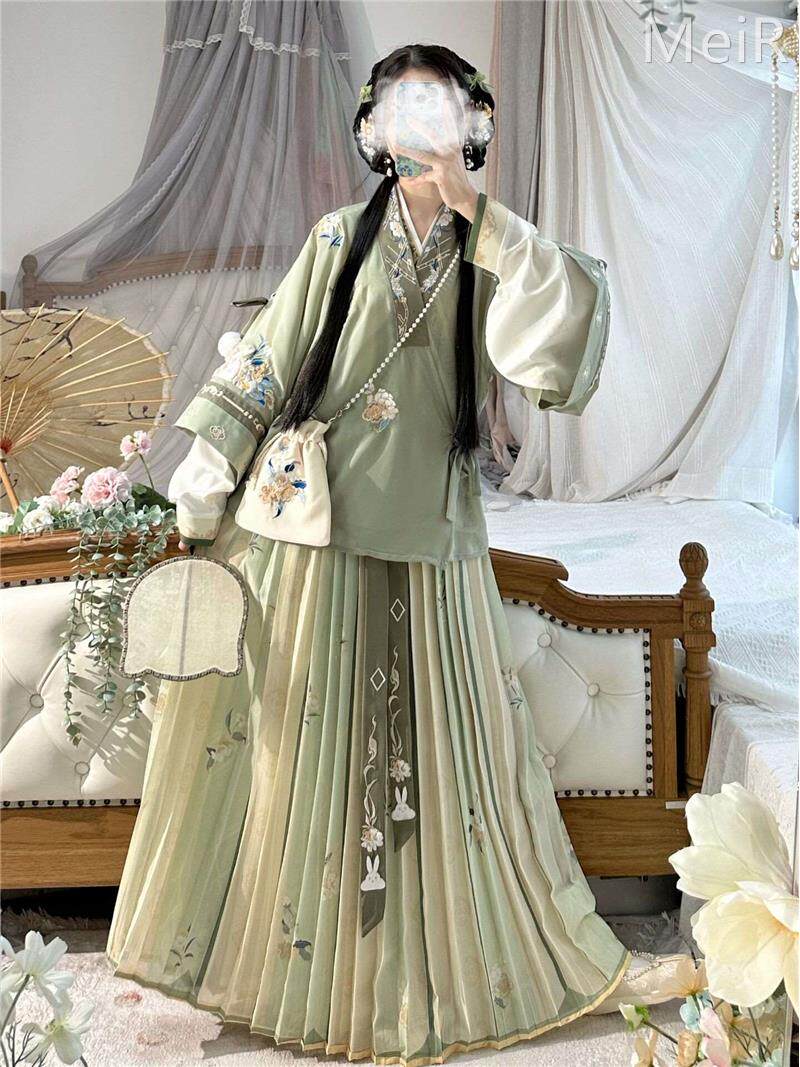 荟萃楼原创【兔你欢喜】明制汉服女对交穿半袖合领衫全套齐腰春夏