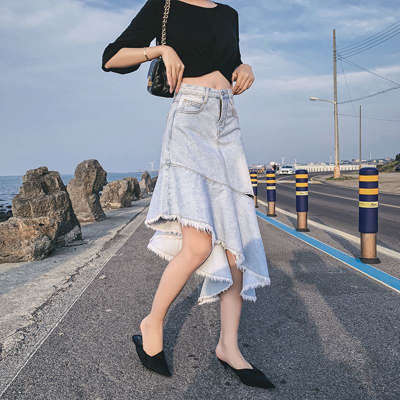 裙子半身裙女夏中长款2019高腰新款a字破洞牛仔不规则荷叶边鱼尾|ruв категории Женская одежда, юбка - от Buy2taobao.com для оказания профессиональной услуги покупки агента Taobao