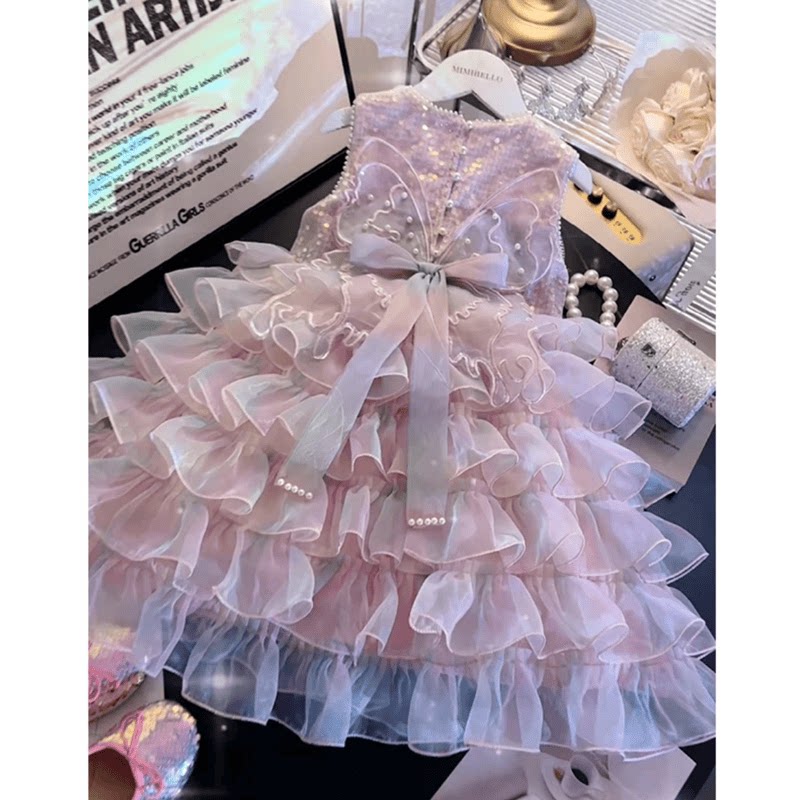 女童连衣裙高档2026新款镶钻中小童花边蓬蓬裙蝴蝶结网纱裙公主裙