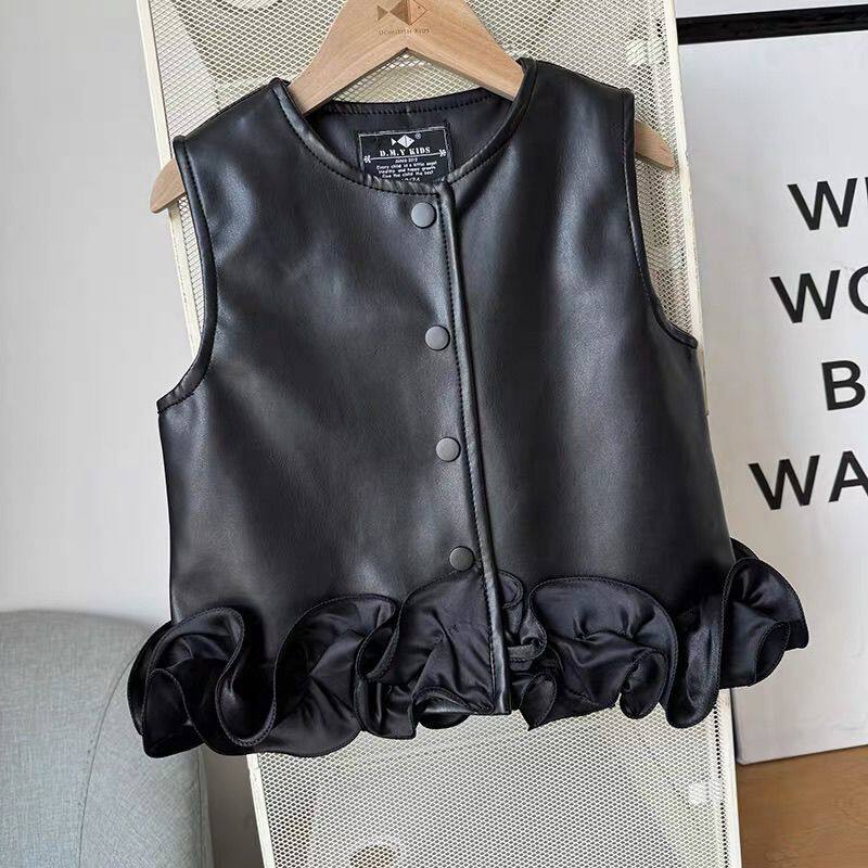 女童皮马甲荷叶边春秋2026新款洋气外穿儿童皮衣背心时髦春装外套