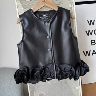 女童皮马甲荷叶边春秋2026新款洋气外穿儿童皮衣背心时髦春装外套