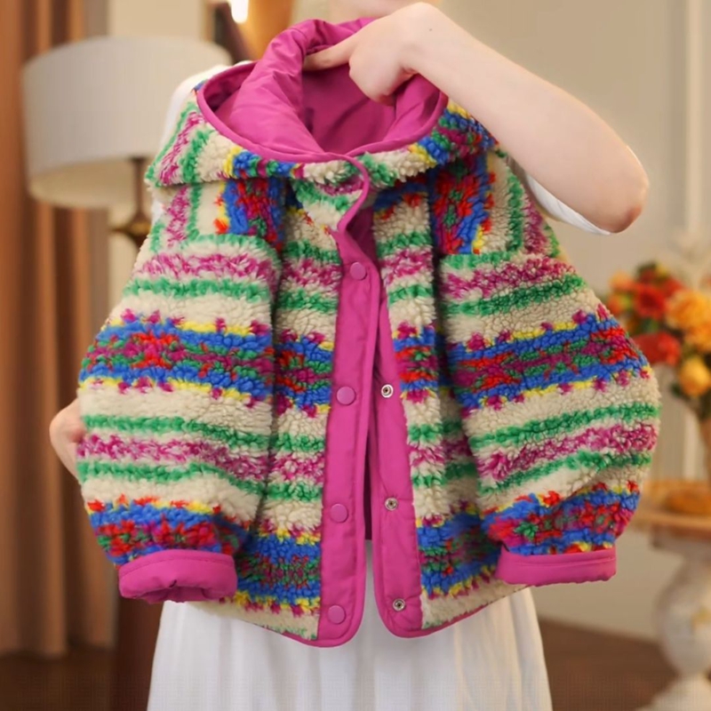 女童加绒加厚外套2025新款儿童秋冬季连帽毛毛衣女孩两面穿棉衣潮