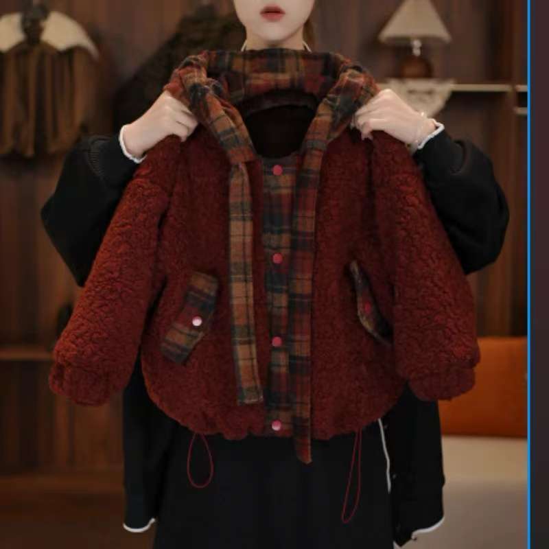 儿童冬季加绒新款棉衣男女宝宝加绒加厚复古保暖韩版连帽毛毛衣潮