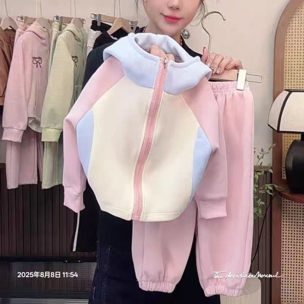 女童春秋拼色连帽卫衣2026婴幼儿宝宝超好看韩系撞色拉链开衫外套