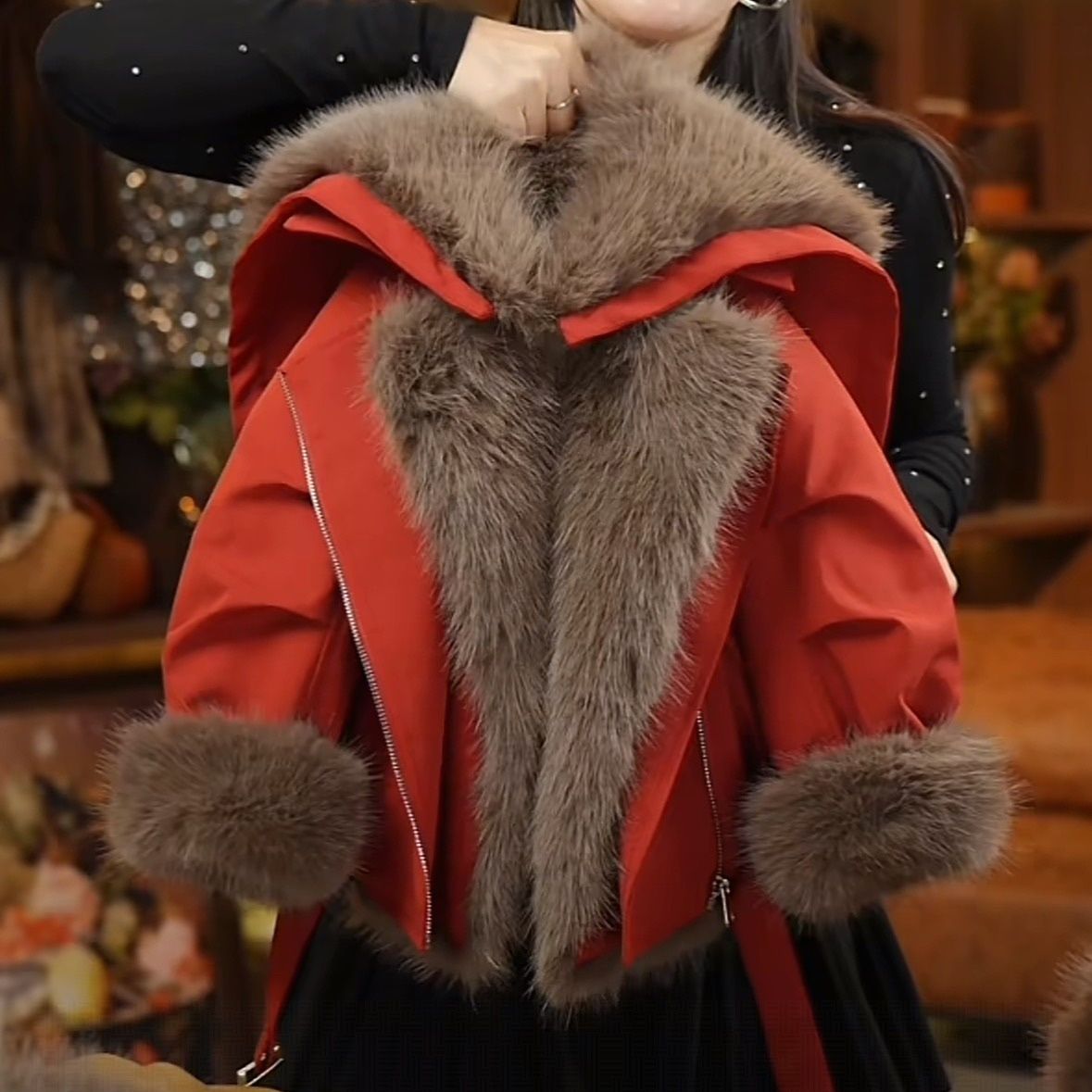 2025冬季中大女童亲子仿皮草外套女孩加绒加厚保暖夹克时髦上衣潮