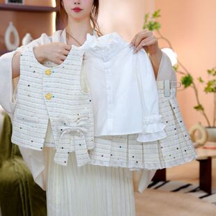 女童春季套装衬衫格子裙子千金风蕾丝小香风女孩三件套洋气套装潮