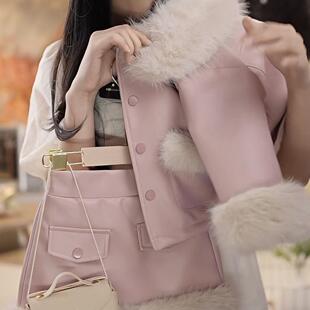 毛毛套装 加厚外套潮流半裙拼接时尚 粉色冬款 2025女童加绒皮衣套装