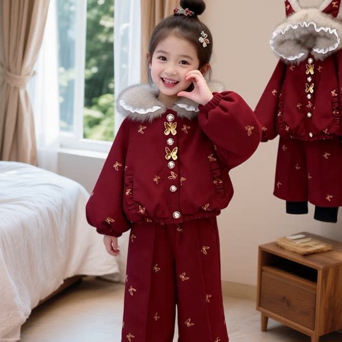 女童冬季新款加绒加厚儿童拜年服两件套洋气时髦女宝宝冬装一整套
