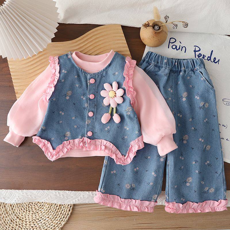 女童套装春装2026新款洋气宝宝衣服小童裤子春秋季儿童牛仔三件套