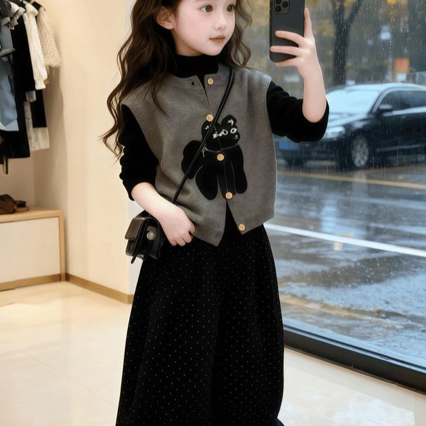 女童韩系套装秋季2026新款中大儿童猫咪马甲背心打底衫长裤三件套