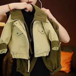 春秋季 男童2025秋冬工装 子儿童洋气潮款 宝宝裤 外套潮 连帽皮衣套装