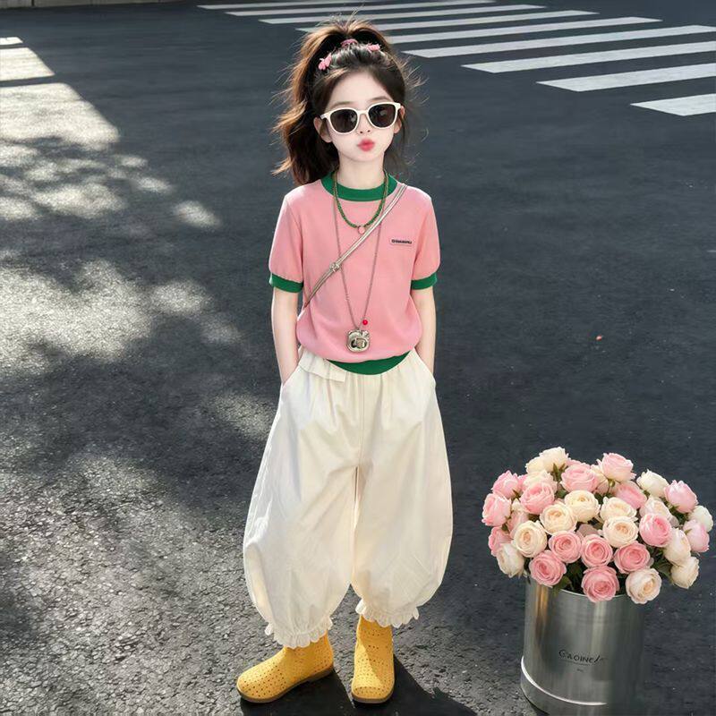 夏装女装女童夏季休闲套装短袖撞色两件套灯笼裤韩版时尚洋气薄款