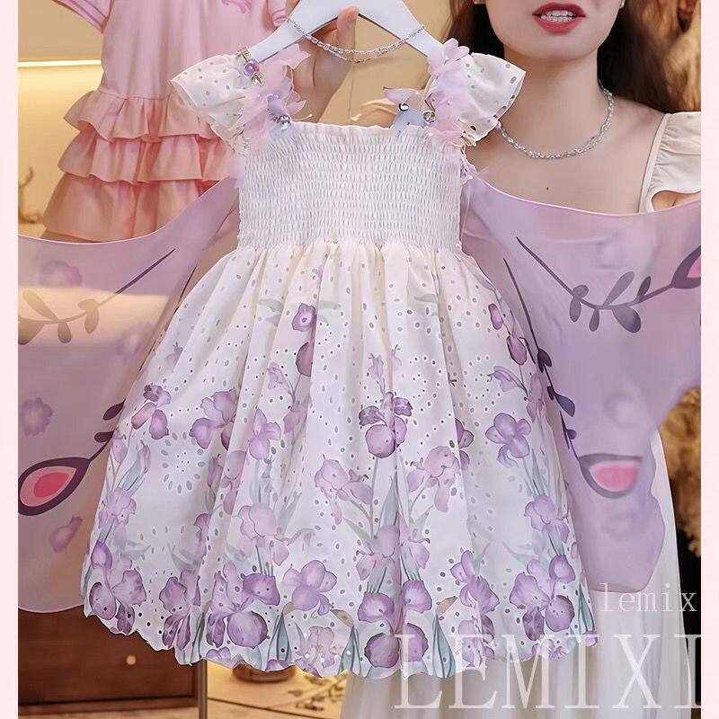 女童飞袖吊带连衣裙2026新款夏季碎花公主裙蝴蝶翅膀蓬蓬裙仙女裙