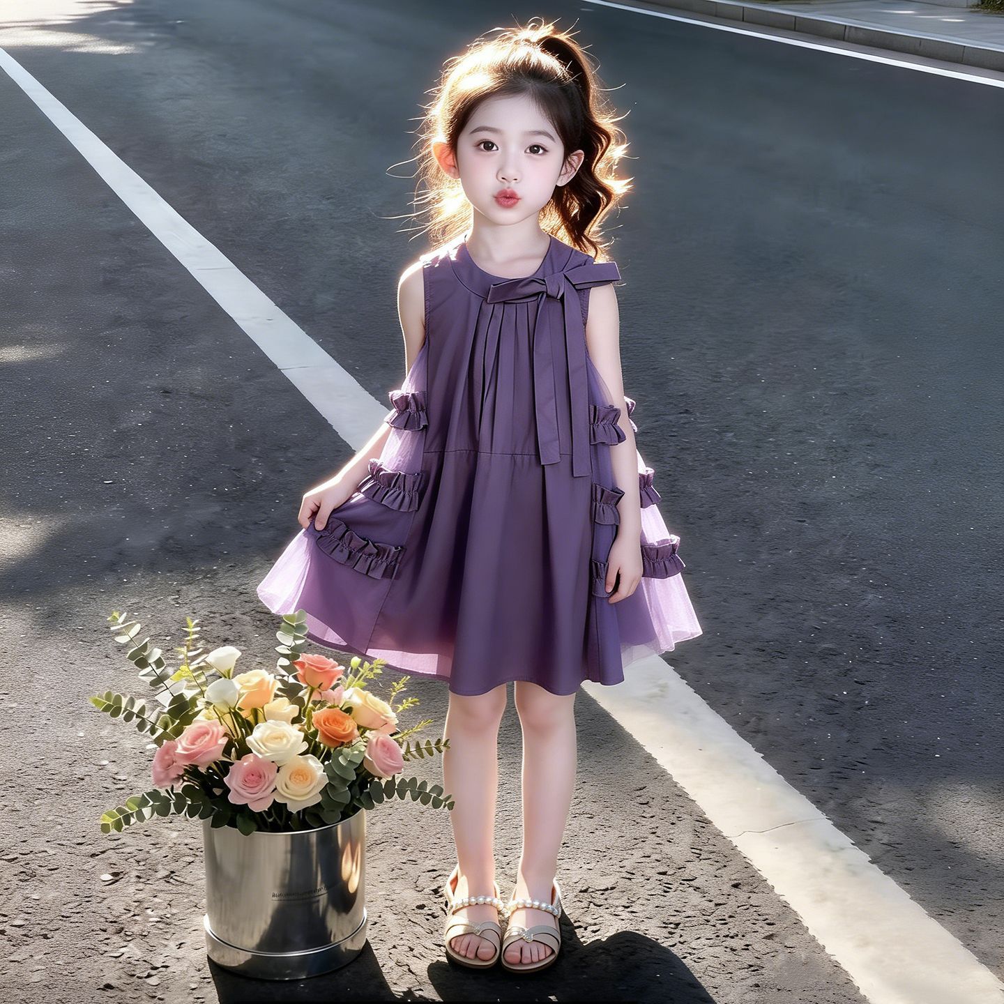 女童夏季连衣裙2026新款洋气儿童时尚小清新紫色蝴蝶结夏装公主裙